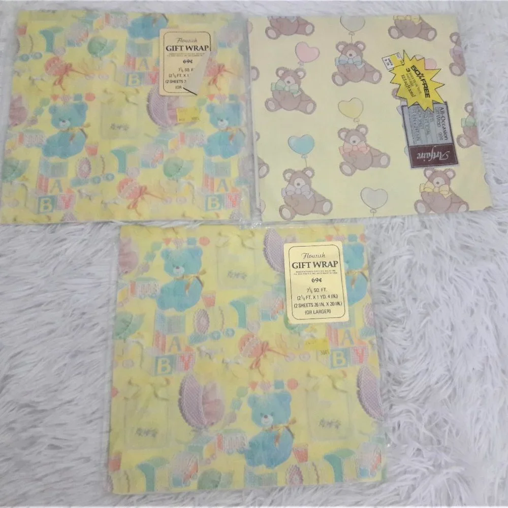 Lot 3 Vintage Packs Baby Flourish Wrap Wrapping Paper Bears NEW